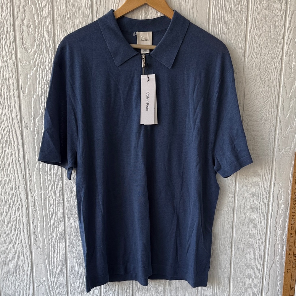 New NWT Calvin Klein Men's Merino Wool Vintage Indigo Blue Zip Polo Shirt sz XL